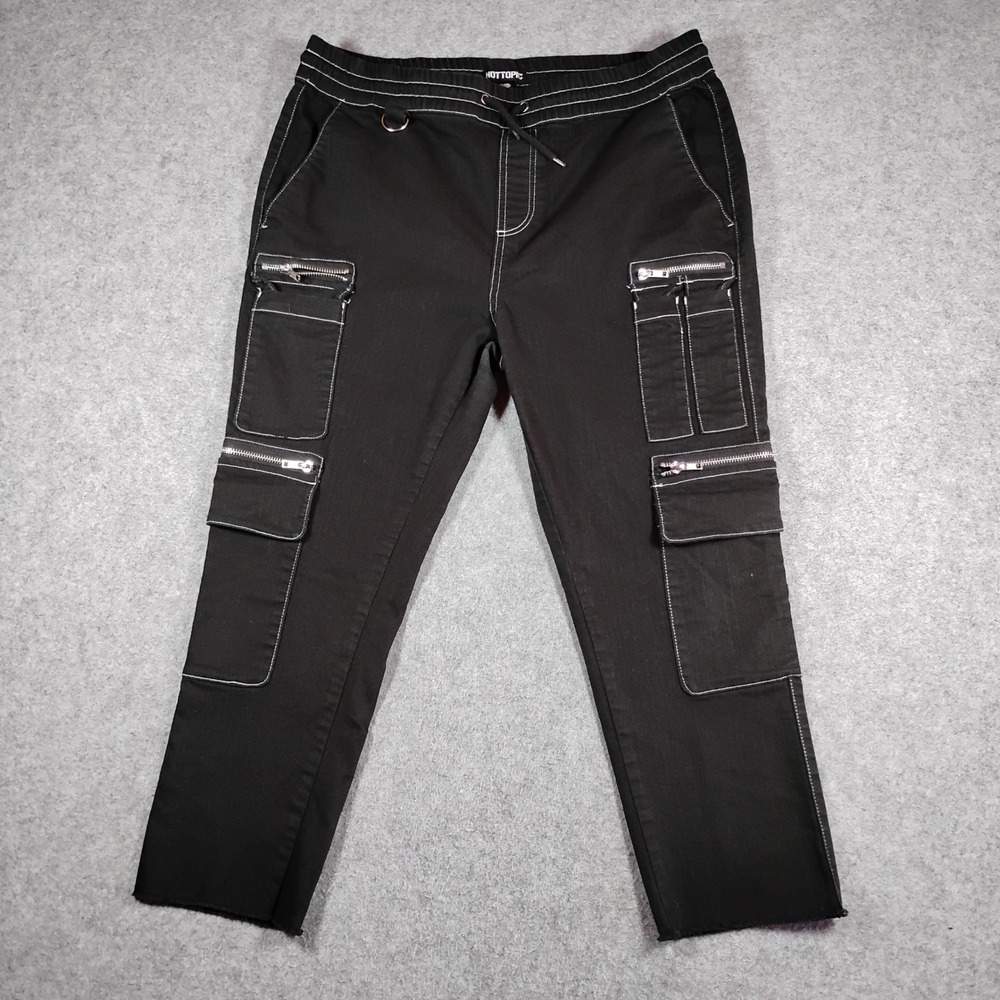 Hot Topic Black Contrast Stitch Cargo Crop Pants Womens Large Zipper Pockets